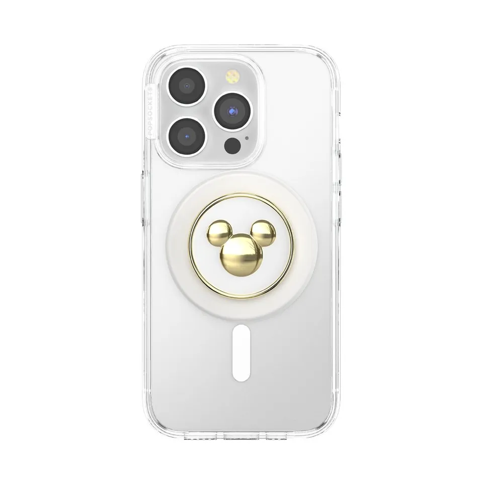 Enamel Mickey grip attached to a clear phone case