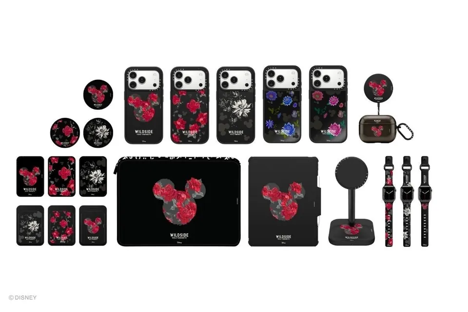 Full CASETiFY × WILDSIDE × Disney collection flat lay — cases, bands, grips, chargers and earbud cases