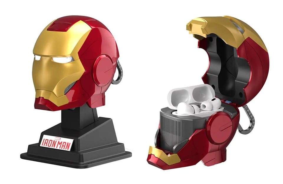 Iron Man helmet AirPods case, open and closed