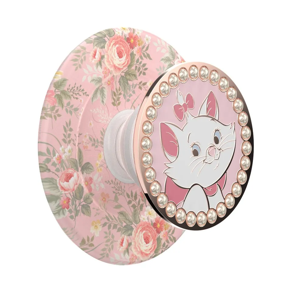 Marie enamel PopSockets grip with pearl border over a rose-print base