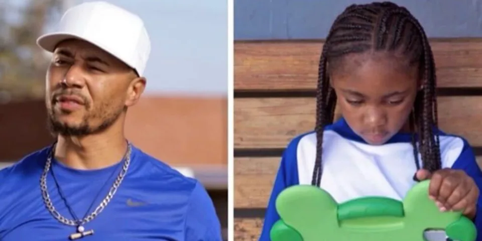 Mookie Betts and his daughter in the Toy Story 5 promo — she holds her tablet in the green Lilypad case