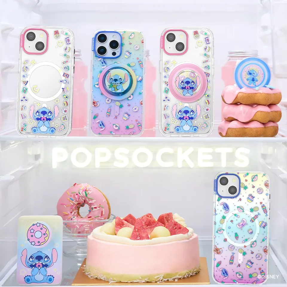 Pastel Stitch cases and grips displayed in a fridge with cake and donuts