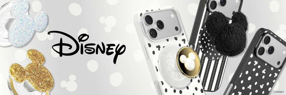 PopSockets Disney Mickey Luxe 2.0 campaign banner with gold, glitter and bouclé Mickey grips
