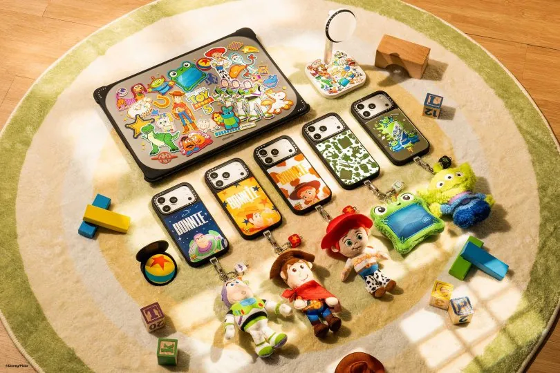 Toy Story 5 cases, plush charms and keychains on a round rug