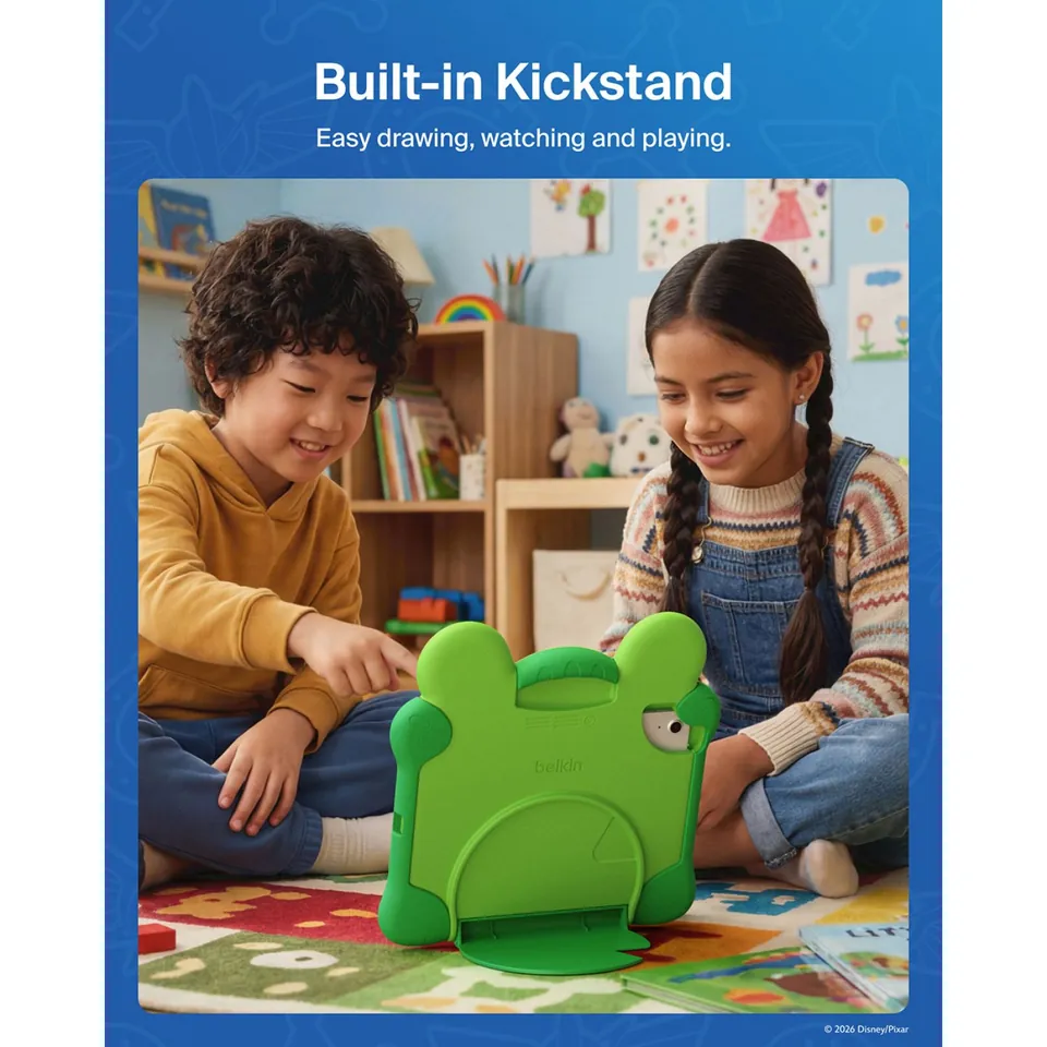 Two kids playing with an iPad in the Lilypad case standing on its kickstand