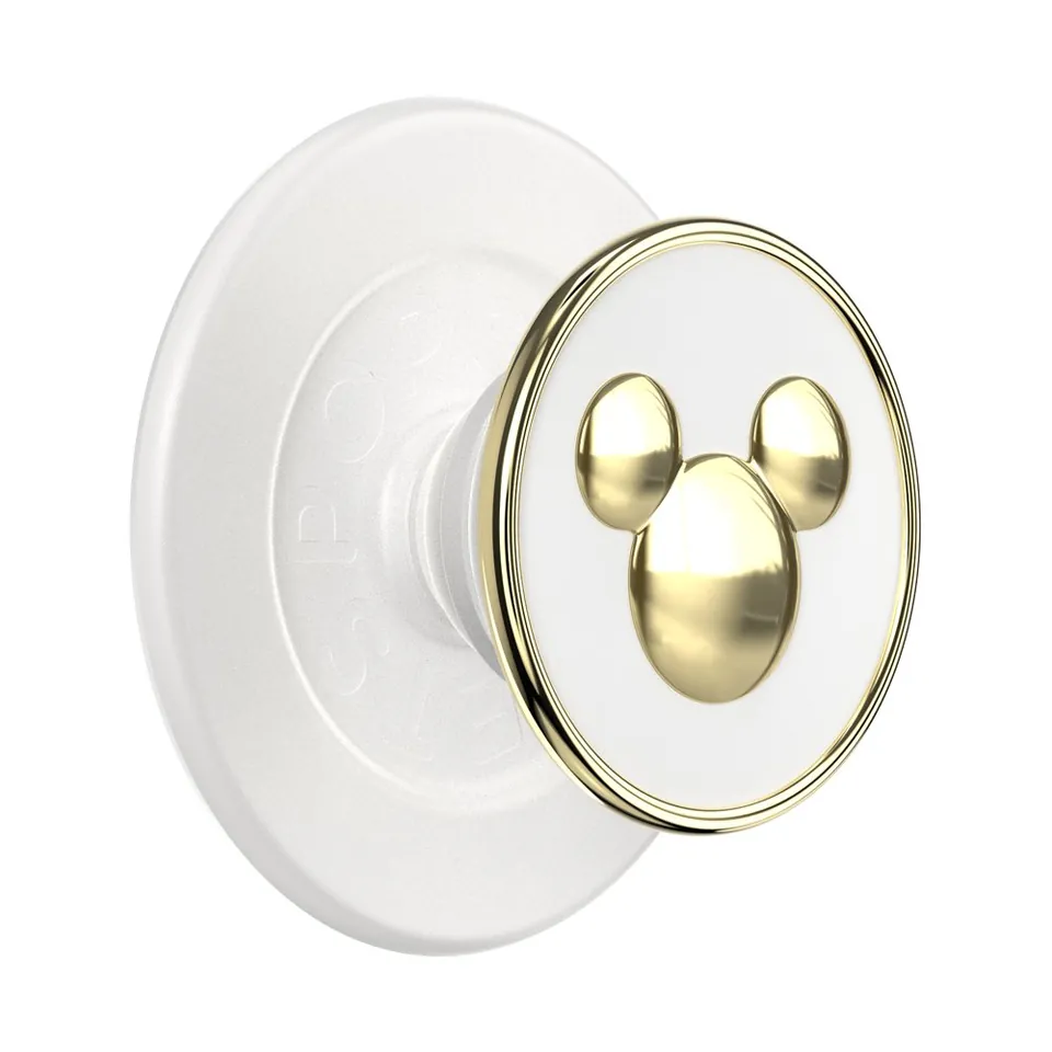 White enamel PopSockets grip with gold Mickey, angled