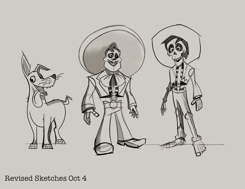 Coco revised pencil sketches of Dante, Ernesto and Héctor