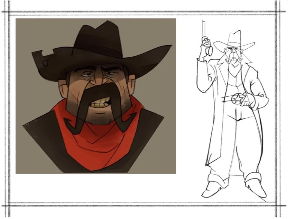 Cowboy character sheet — color bust and pencil full figure