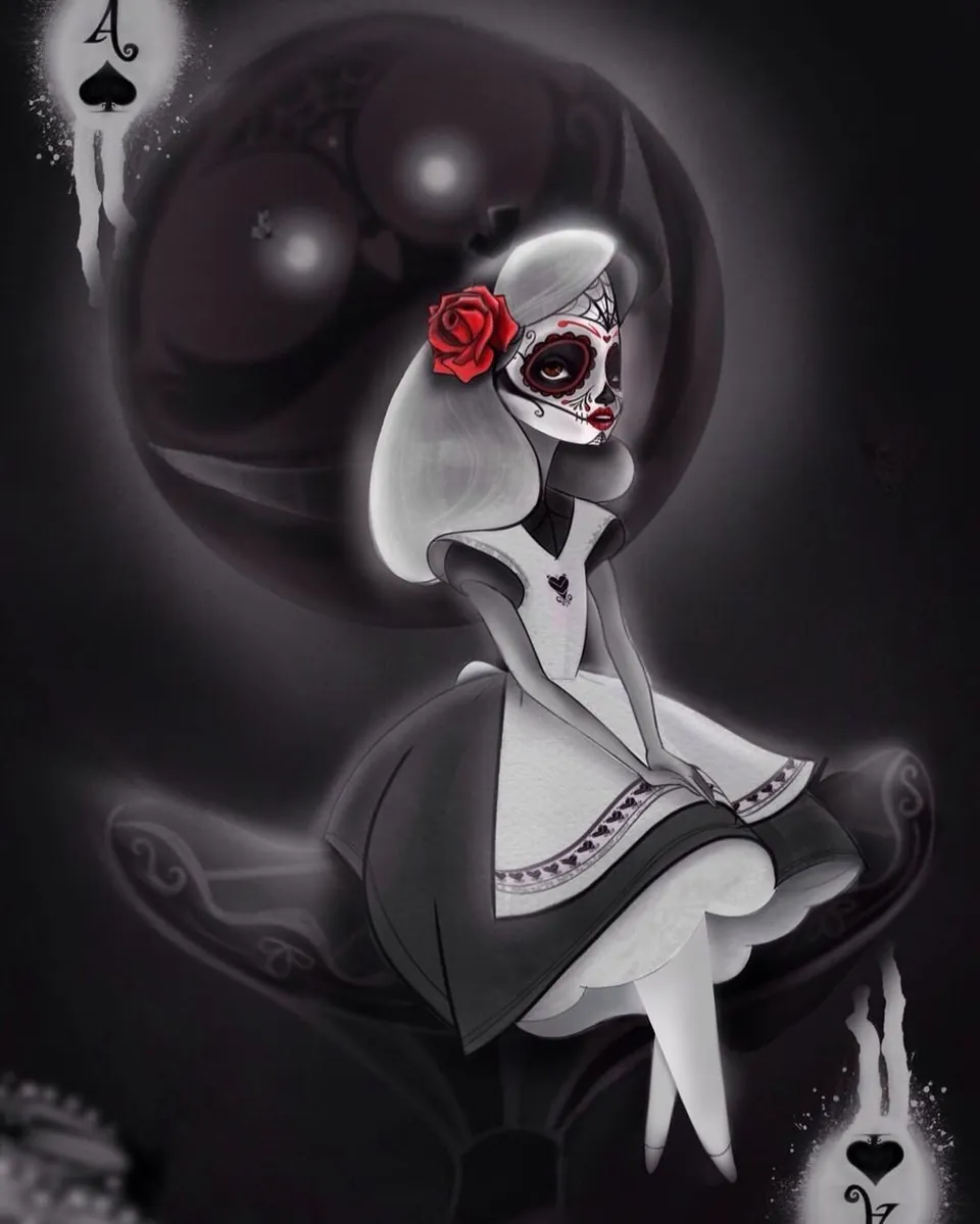 Día de los Muertos catrina in monochrome with a red rose