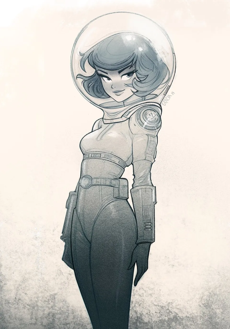Female astronaut character in a bubble helmet
