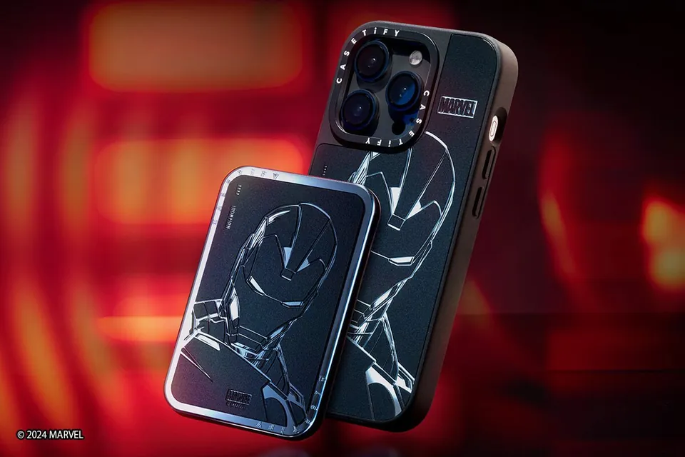 Iron Man blueprint CASETiFY case with matching accessory on red