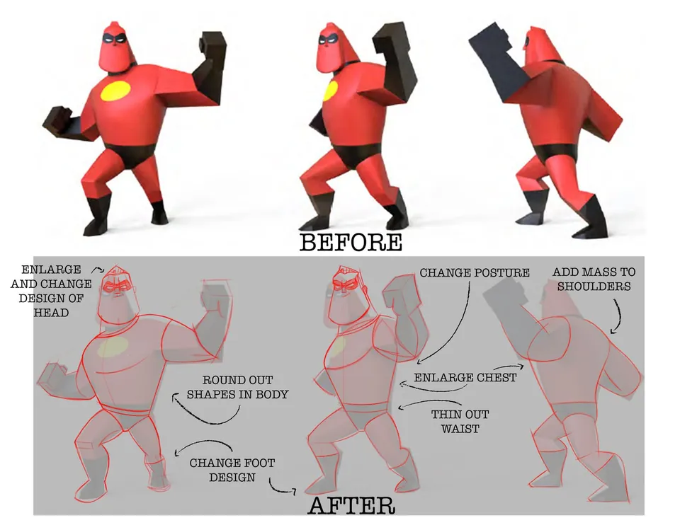 Mr. Incredible figure before and after sculpt overlay