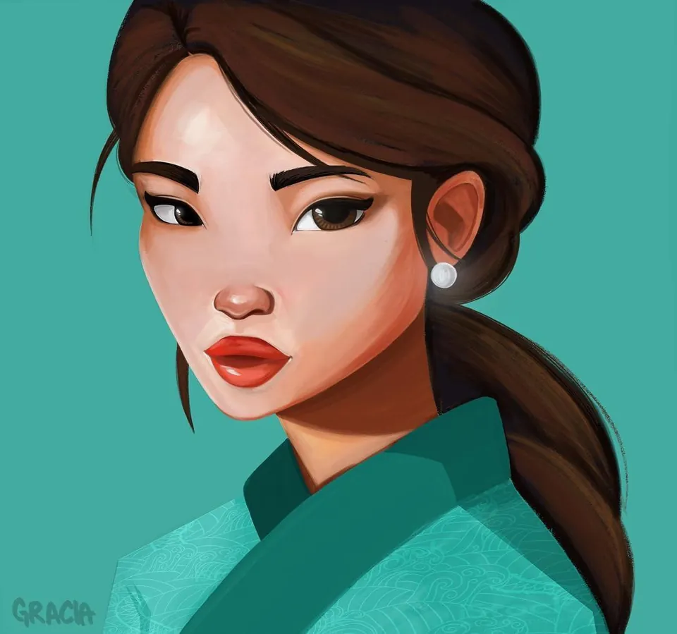 Painted portrait of a woman in a teal collar