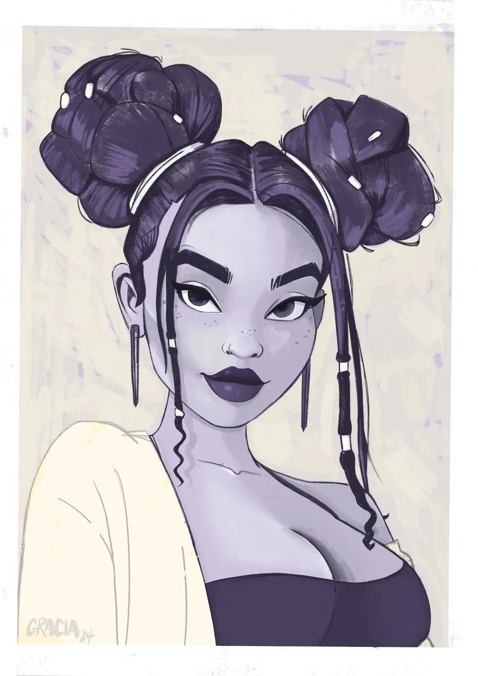 Portrait of a woman with double buns in violet tones