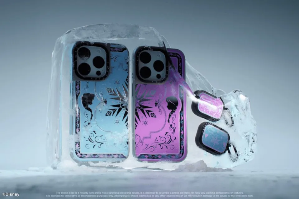 Two Frozen CASETiFY cases with matching earbud cases encased in sculpted ice