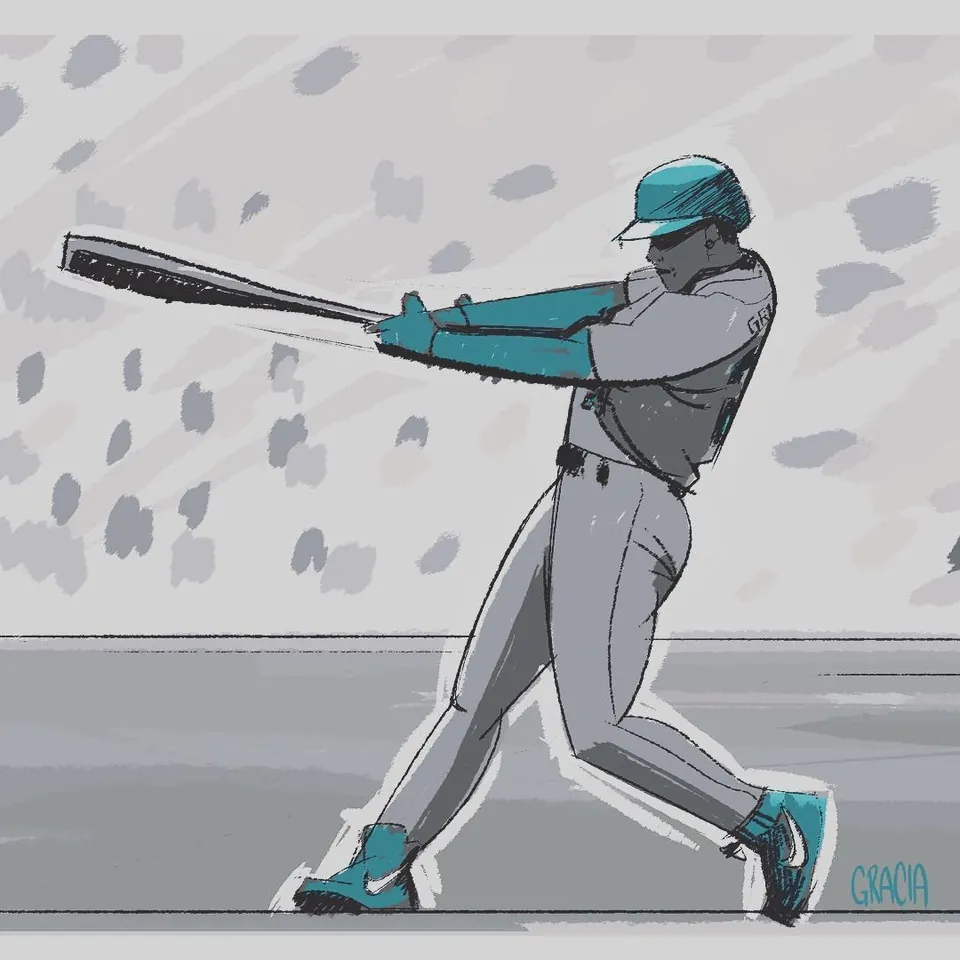 Baseball batter mid-swing