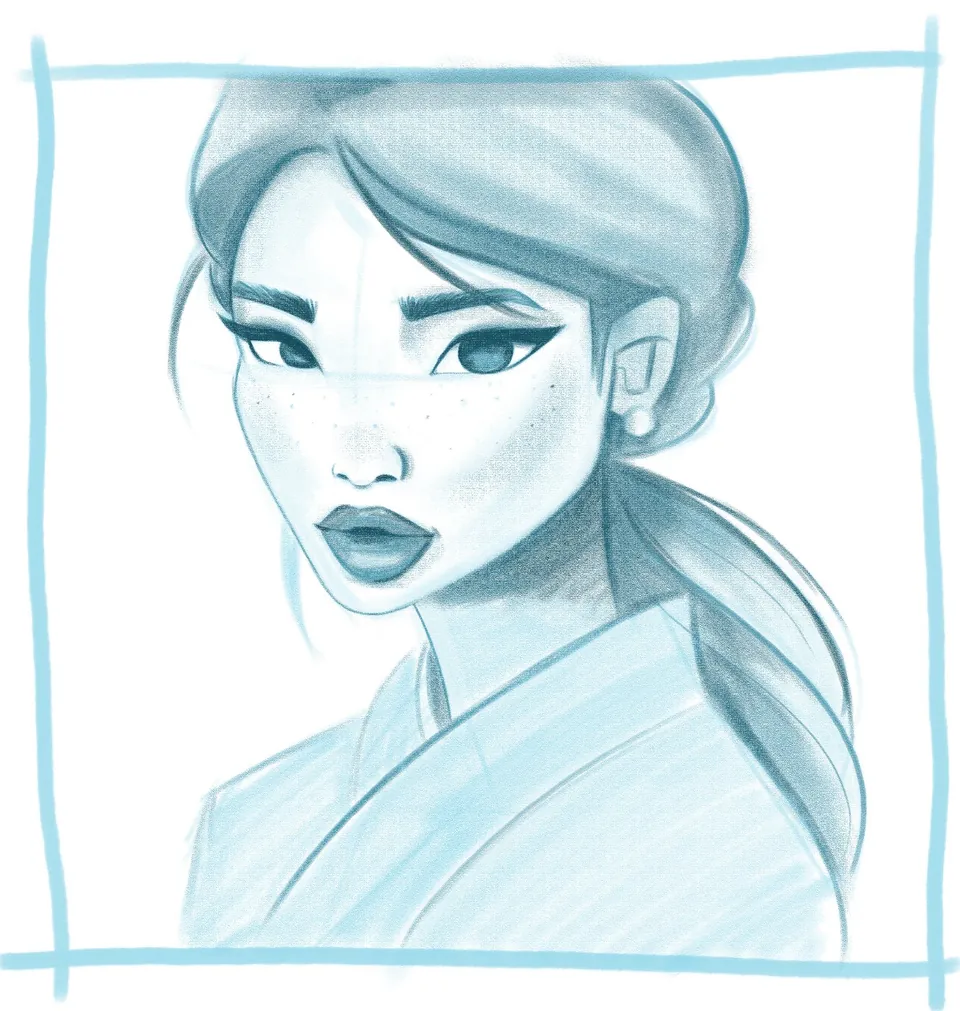 Blue-pencil portrait study of a woman in a kimono