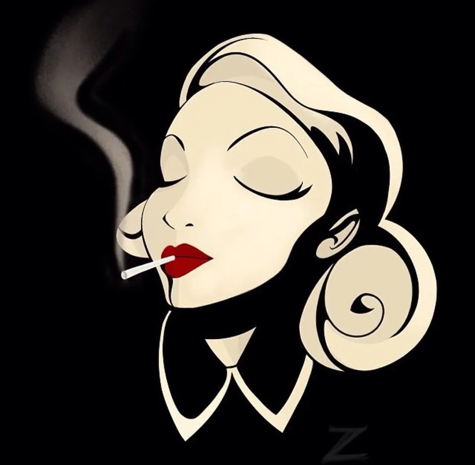 Graphic noir portrait of a woman with a cigarette