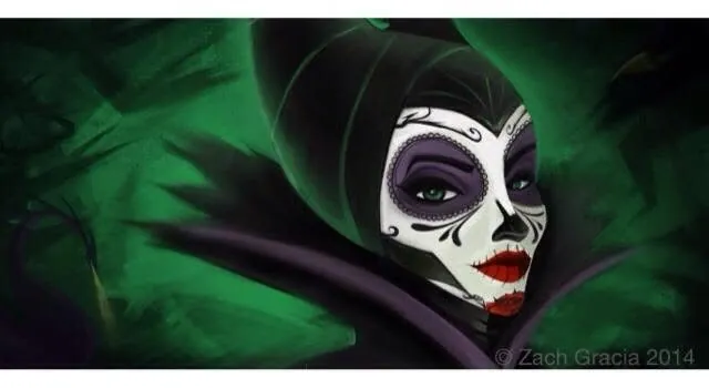 Maleficent reimagined with Día de los Muertos sugar-skull makeup against green