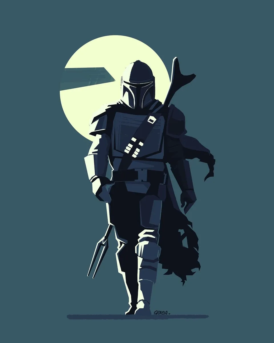 The Mandalorian walking toward the viewer in flat shapes and hard moonlight