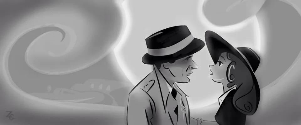 Noir couple in fedora and wide-brim hat