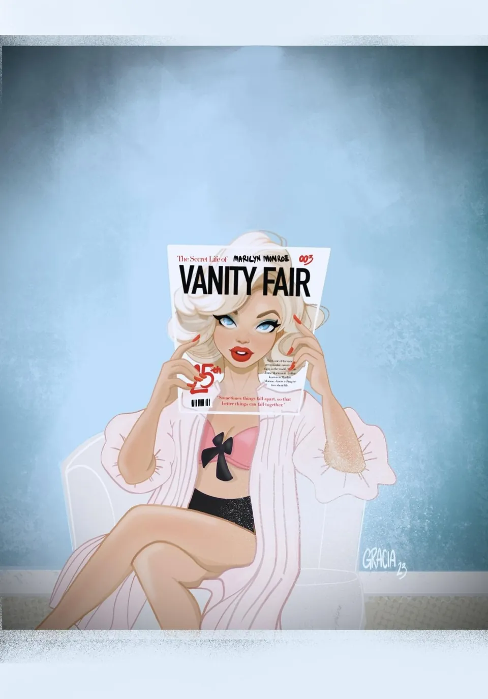 Pin-up illustration of a blonde woman in a pink robe holding a Vanity Fair cover over her face, signed Gracia 23