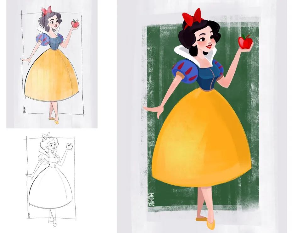Snow White lithograph artwork — pencil drawing beside the final painted figure