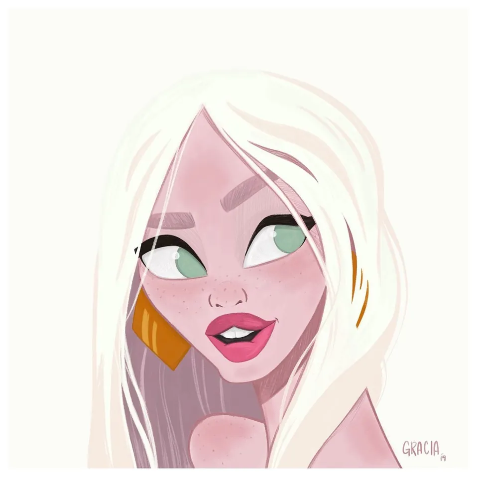 Stylized portrait of a blonde woman with freckles