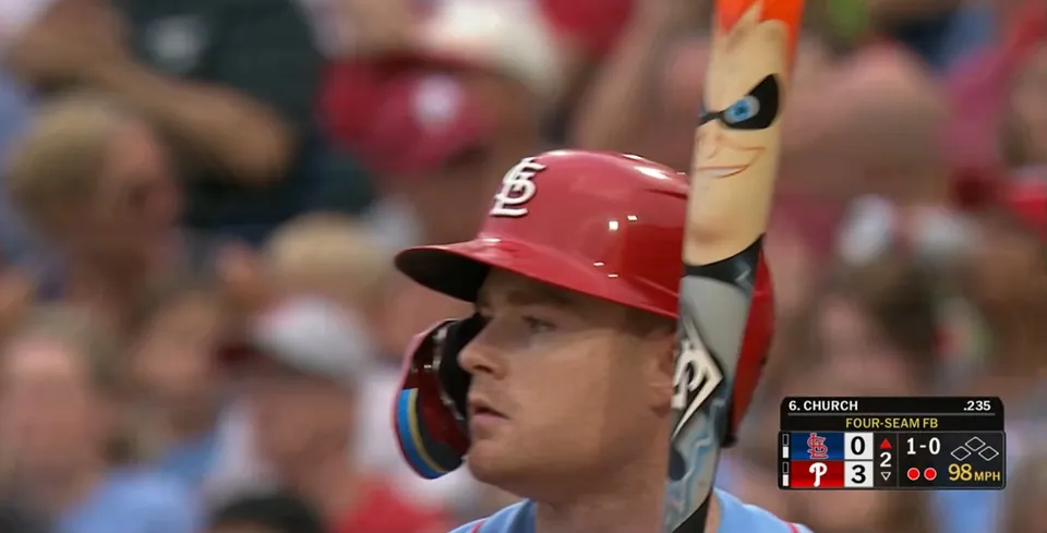 Cardinals outfielder Nathan Church at the plate with the Syndrome bat during MLB Players Weekend, broadcast frame