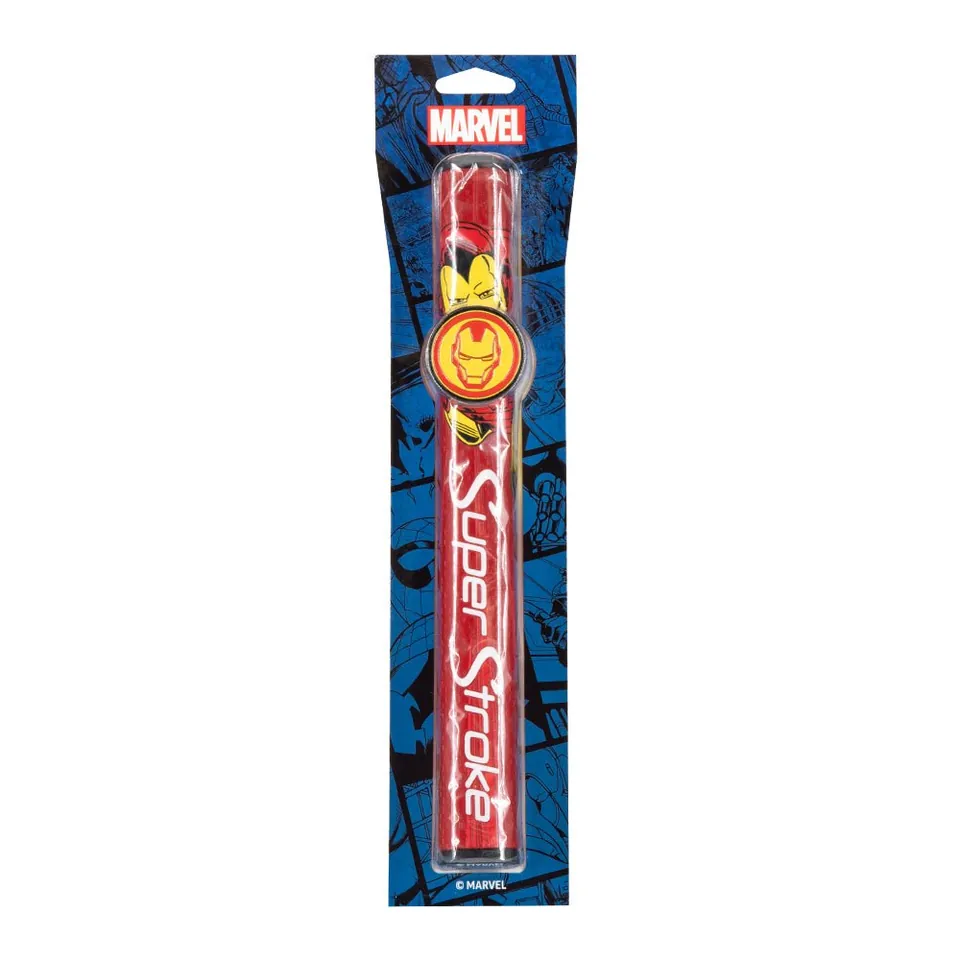 Iron Man SuperStroke grip in Marvel comic-panel retail packaging