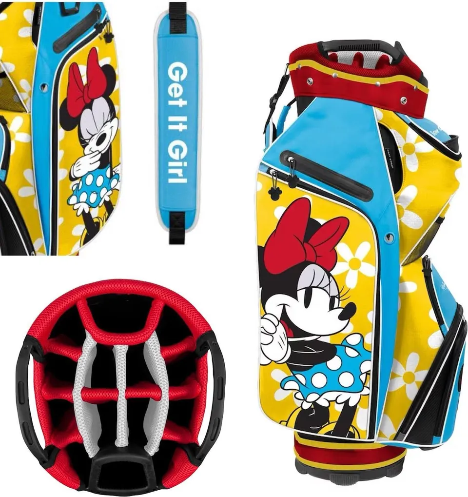 Minnie cart bag details — pocket art, “Get It Girl” strap and divider top
