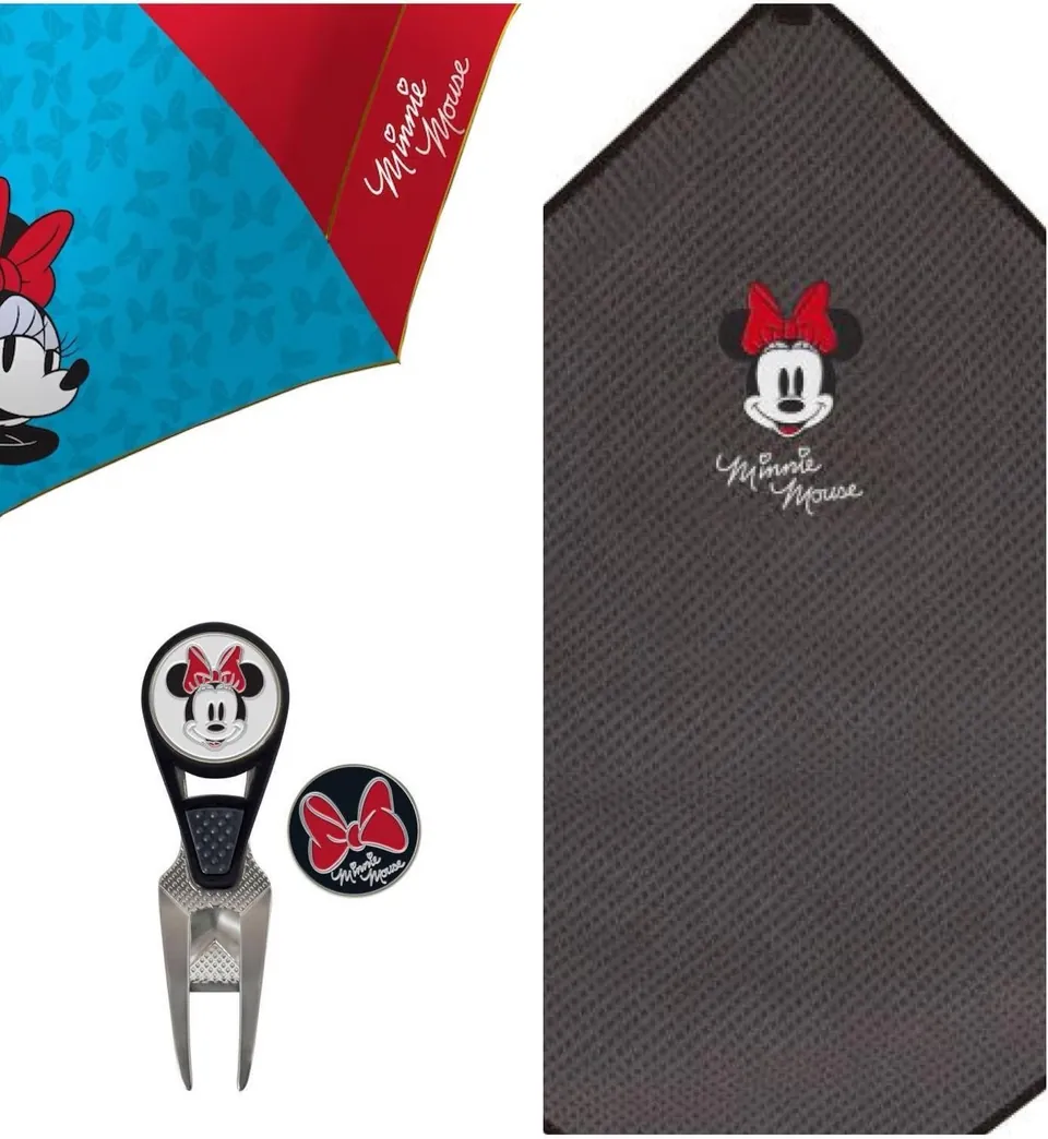 Minnie divot tool, ball marker, umbrella and microfiber towel