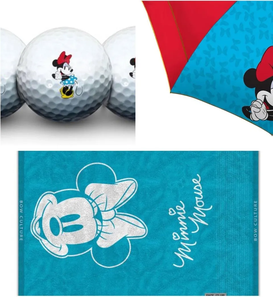 Minnie golf balls, umbrella and teal Bow Culture towel