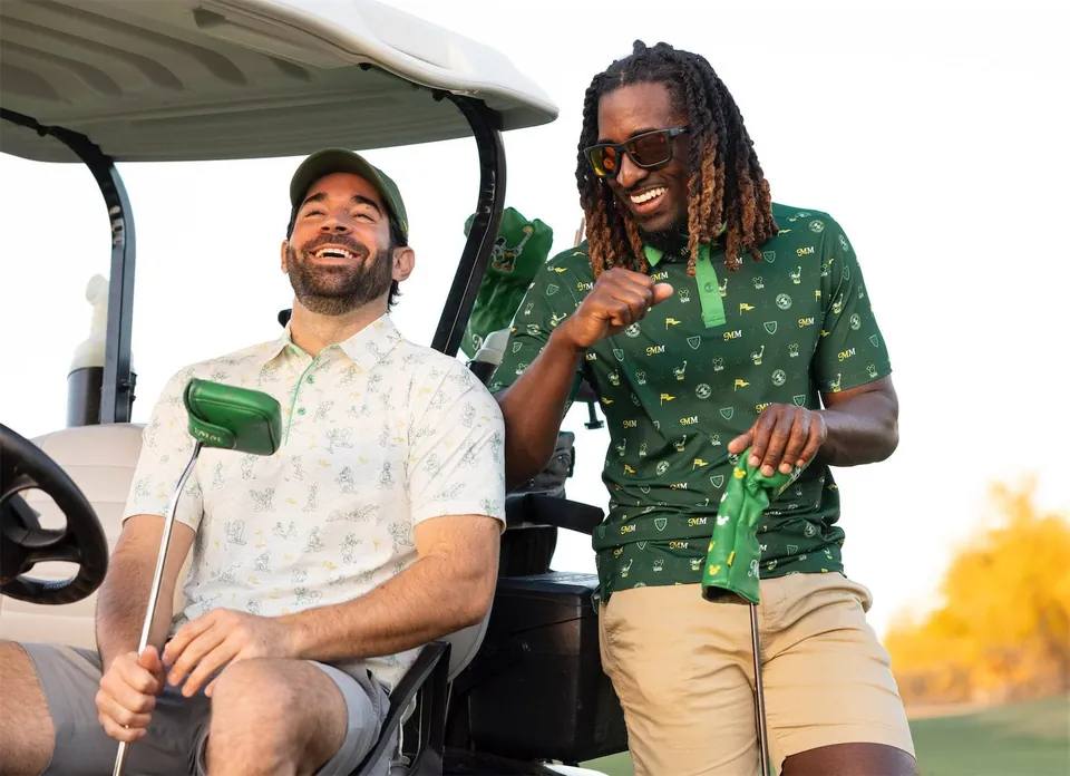 Two golfers in a cart with Mickey Country Club headcovers on their clubs