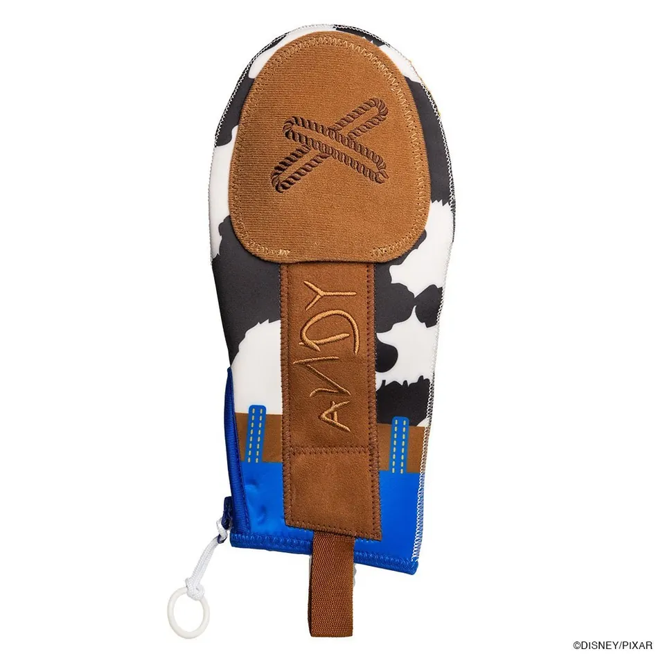 Woody sliding mitt reverse — boot-sole palm with lasso X and ANDY embroidered on the strap