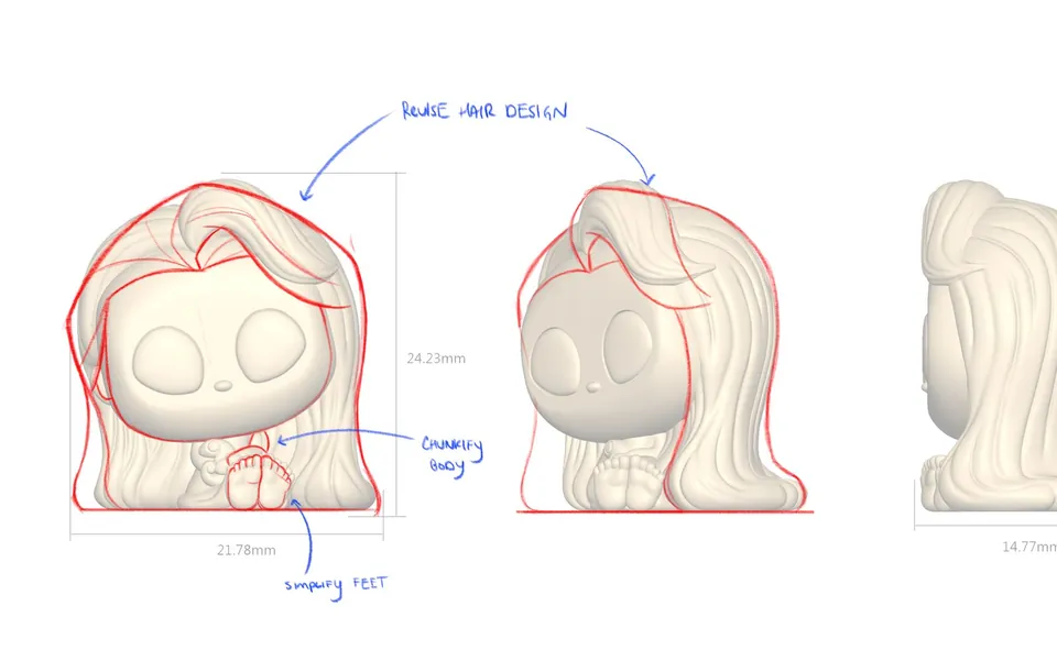 Baby Rapunzel figure sculpt with red revision overlay