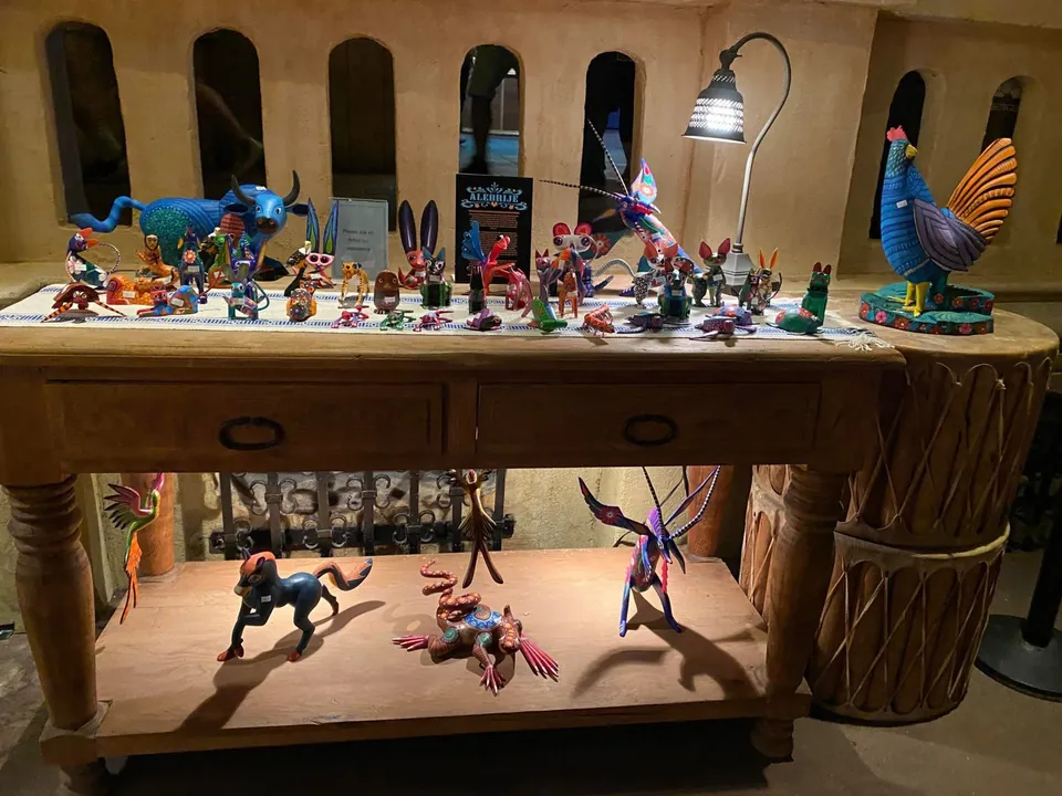 Close view of the alebrije carving display at EPCOT