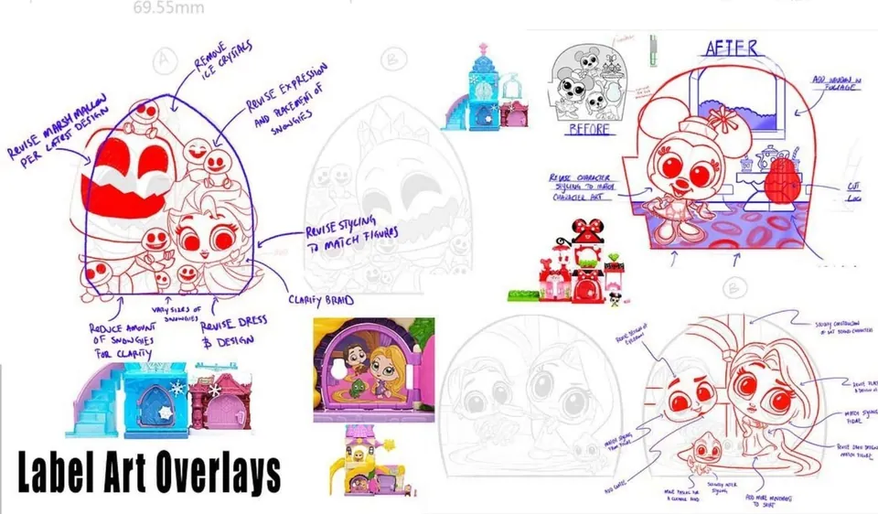 Doorables label-art drawovers on playset and character art