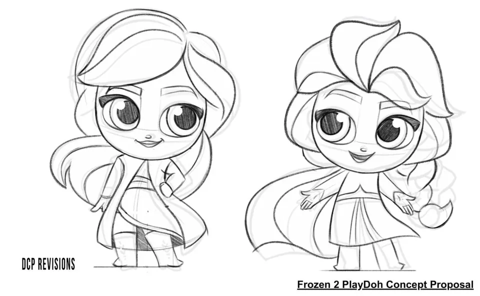 Frozen 2 Anna and Elsa concept sketch for a Play-Doh proposal