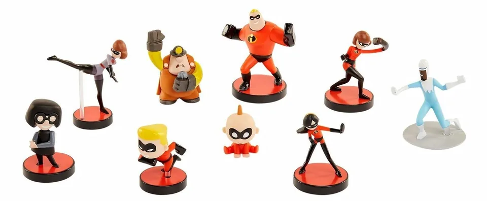 Incredibles 2 Mini Supers collectible figures — Edna, Elastigirl in both suits, the Underminer, Dash, Mr. Incredible, Jack-Jack, Violet and Frozone