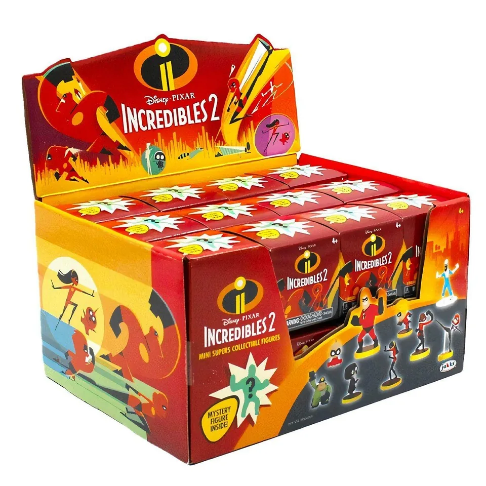 Incredibles 2 Mini Supers counter display filled with blind boxes