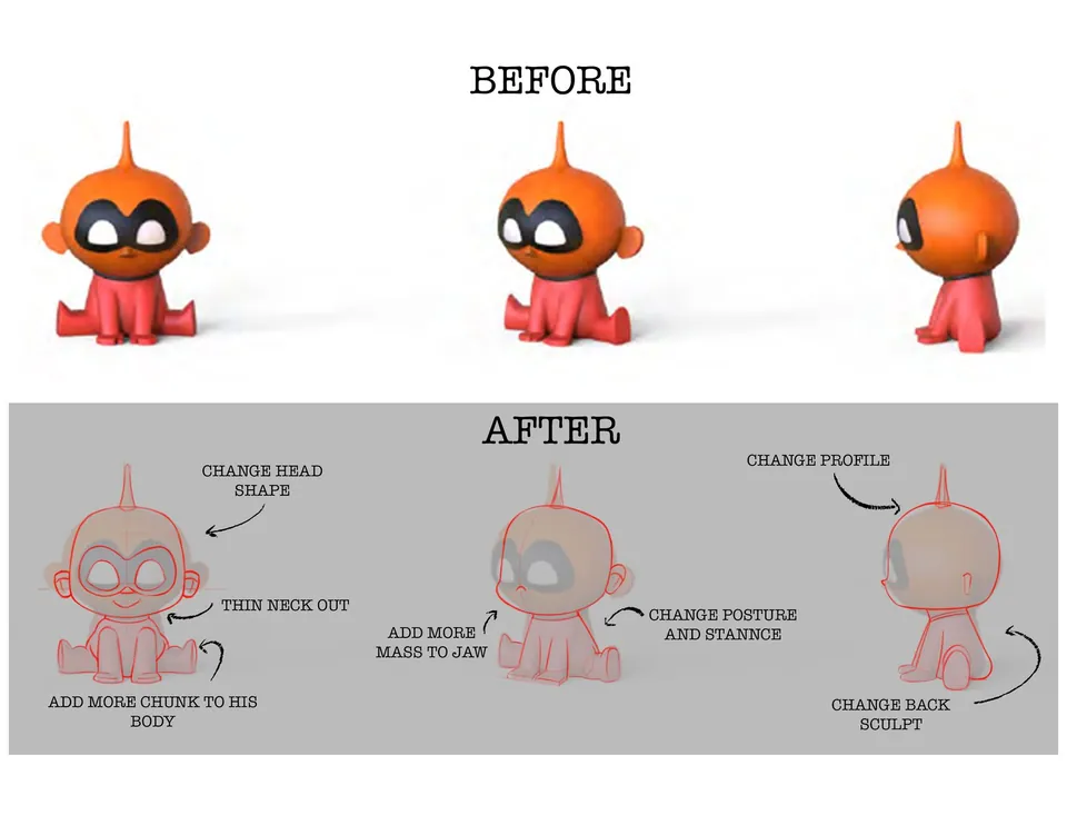 Jack-Jack figure before and after sculpt overlay