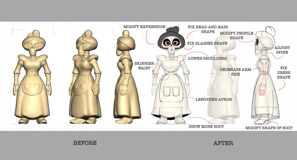 Mamá Imelda figure before and after sculpt overlay