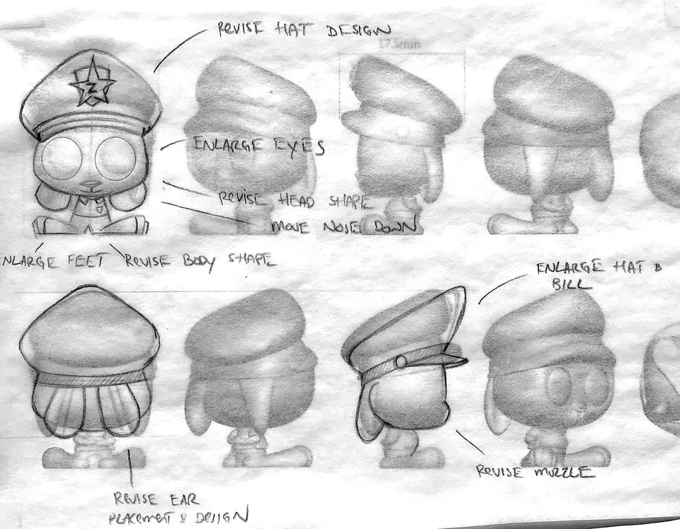 Pencil revision notes over Judy Hopps figure turnarounds
