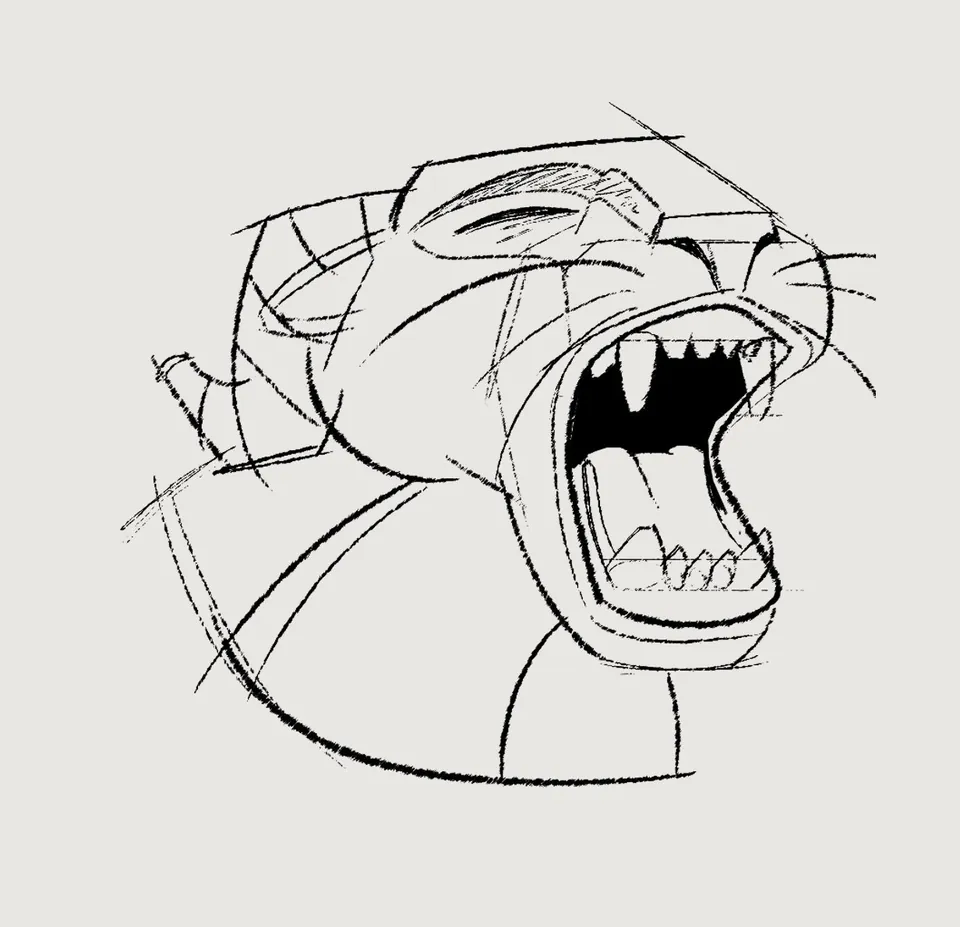 Pepita rough pencil sketch, roaring head