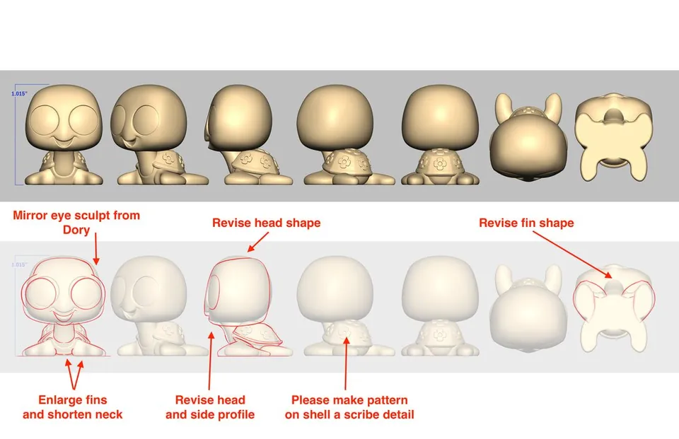 Sculpt revision sheet with red notes for Dory figure
