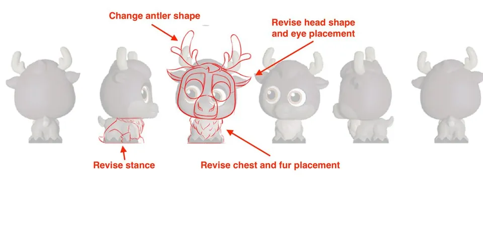 Sculpt turnaround with red notes on antler and head shape