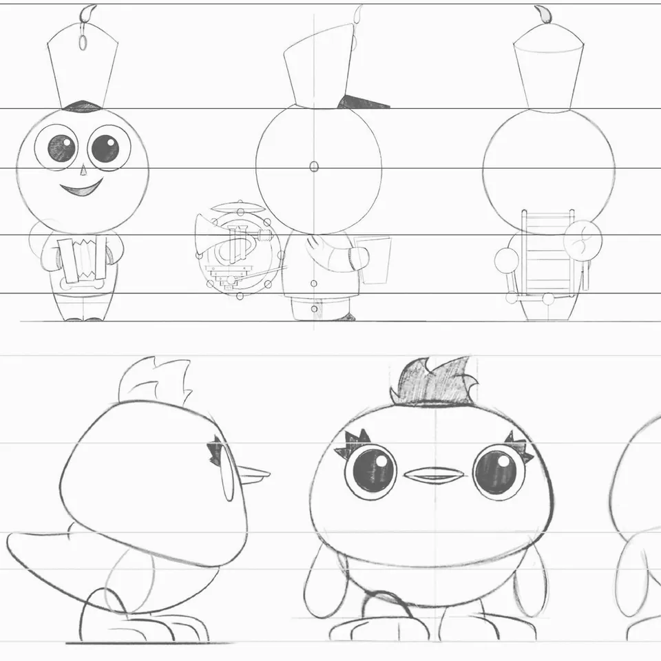 Toy Story 4 model sheet — Bunny and Ducky in side, front and back views