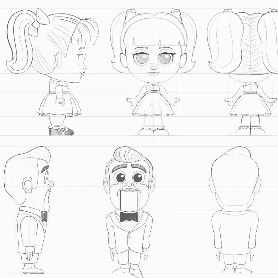 Toy Story 4 model sheet — Gabby Gabby and Benson in side, front and back views