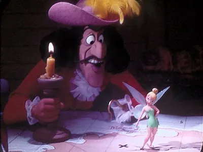 View-Master reel scene — Captain Hook and Tinker Bell over a map by candlelight